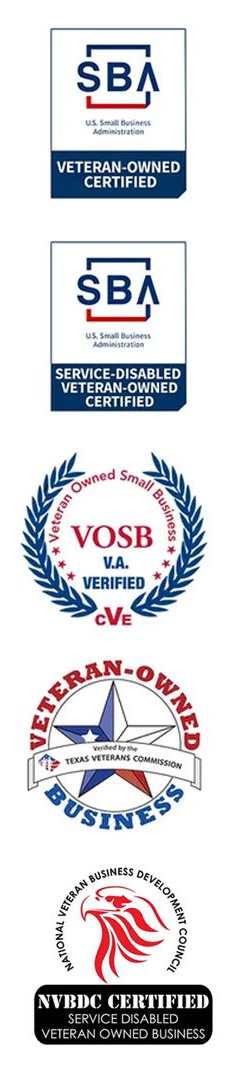 Logos for SBA, VOSB, Veteran-Owned Business, and WBE Certified.
