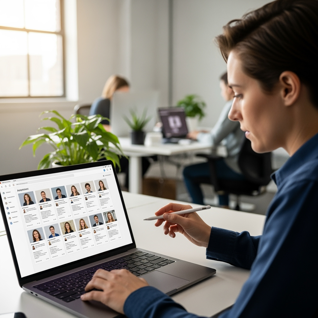 Person using laptop displaying a grid of headshots, working in an office with others.