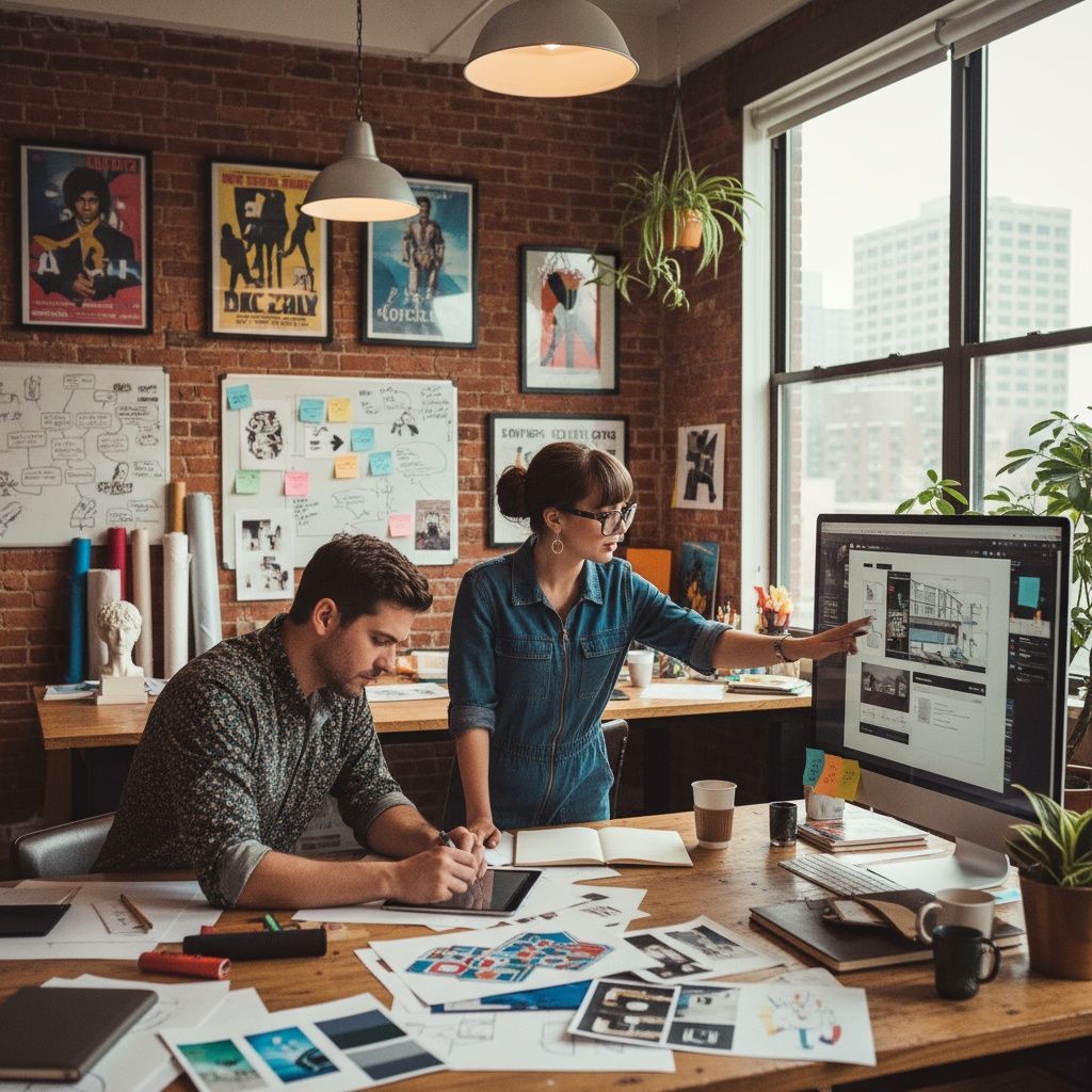 Two people collaborating at a desk in a creative office space; pointing at computer screen.