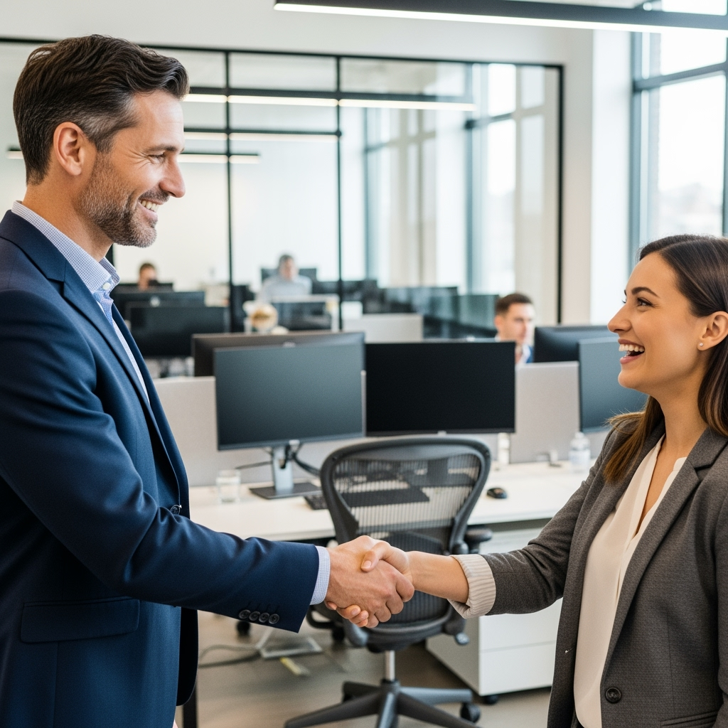 Man and woman shaking hands in a modern office, both smiling. Background with other employees at desks.