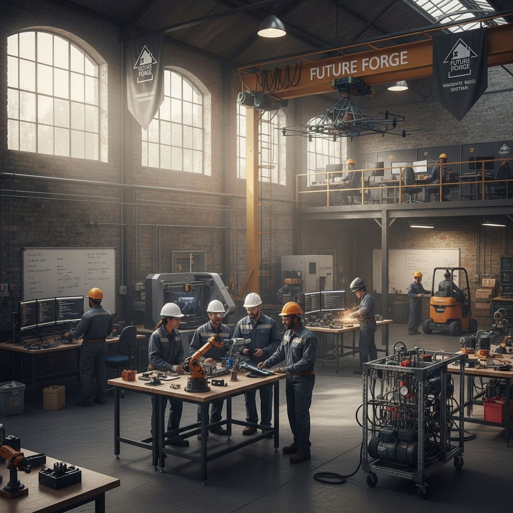 Workshop interior with workers in safety gear assembling machinery. Sunlight streams through arched windows.