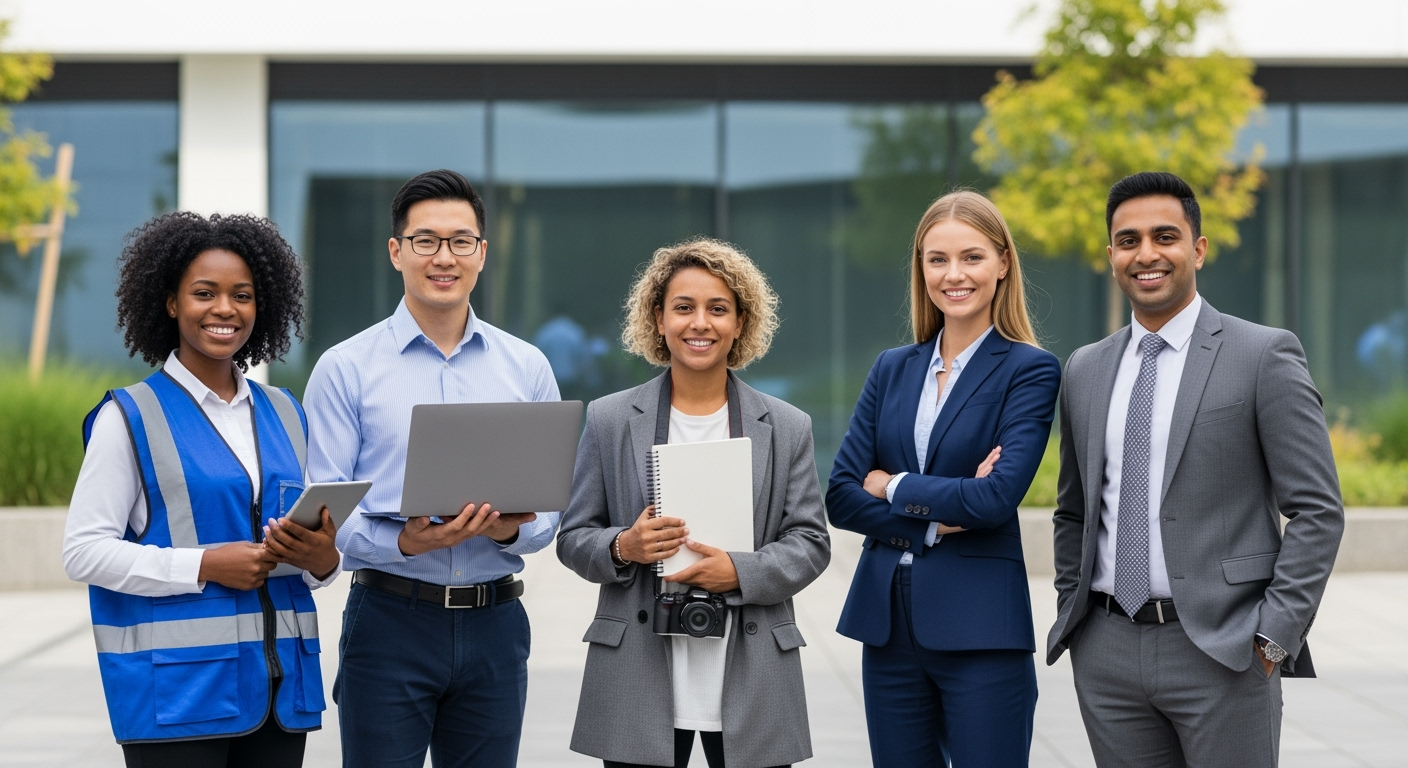 Group of five people smiling, standing in front of a modern building.