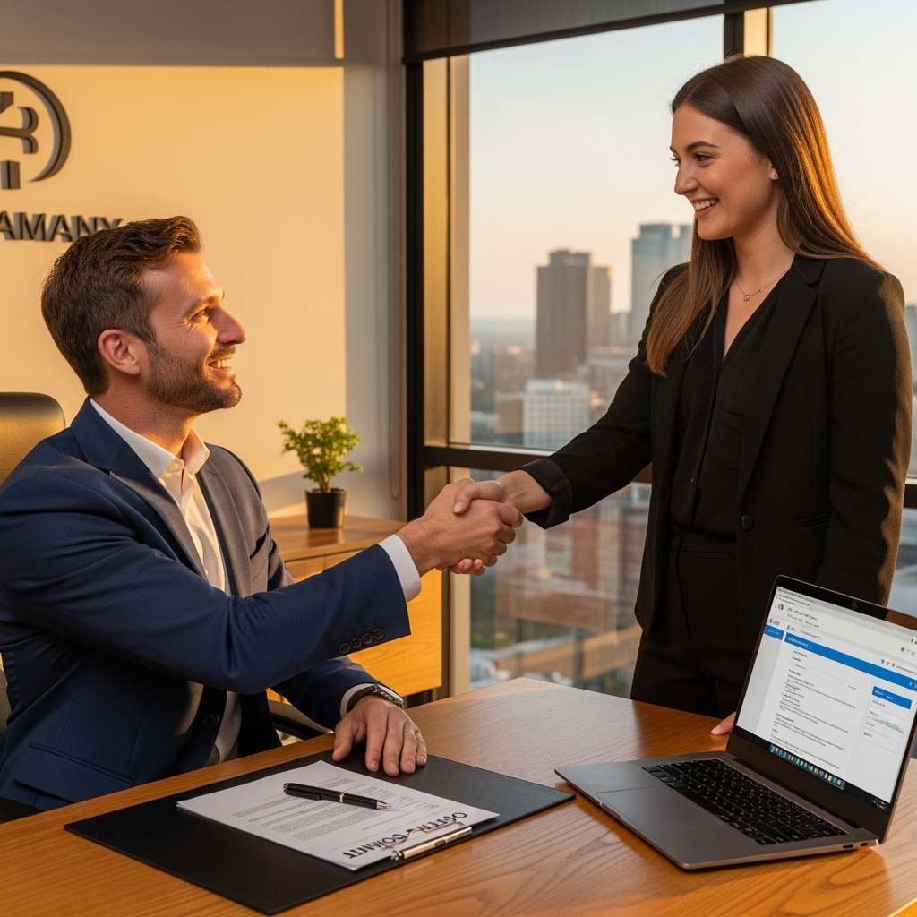 Man and woman shaking hands in office; city skyline visible through window.