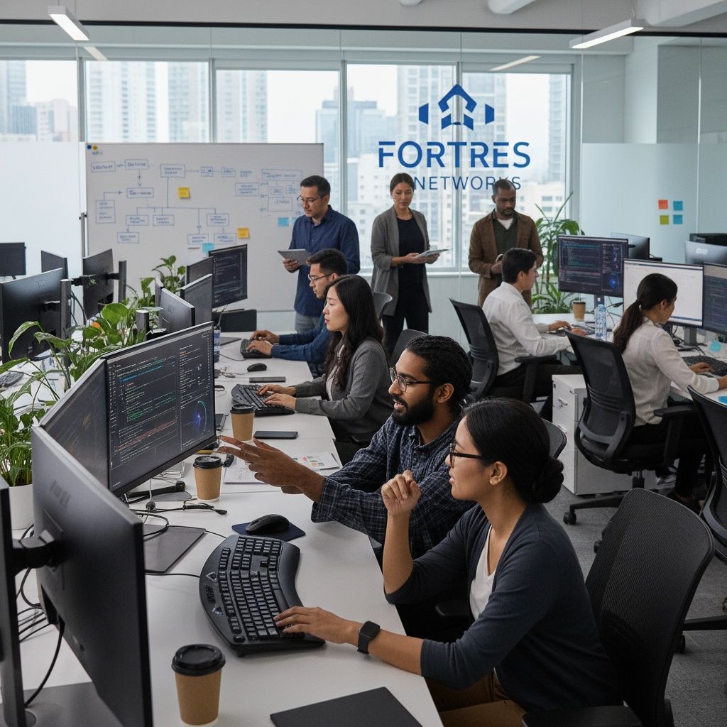 People working on computers in a modern office with the Fortres Networks logo.