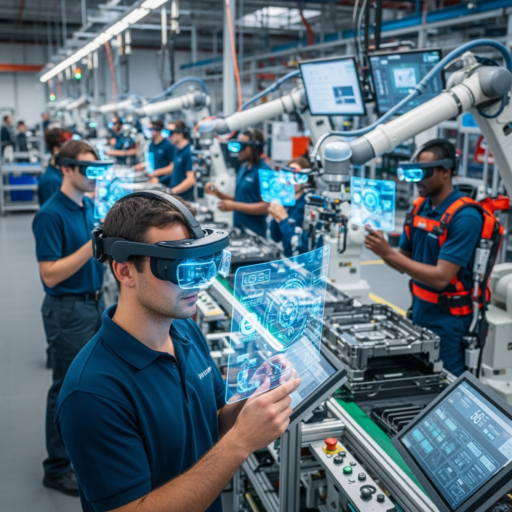 Factory workers wearing AR headsets and using tablets, assembling products. Blue-toned lighting.