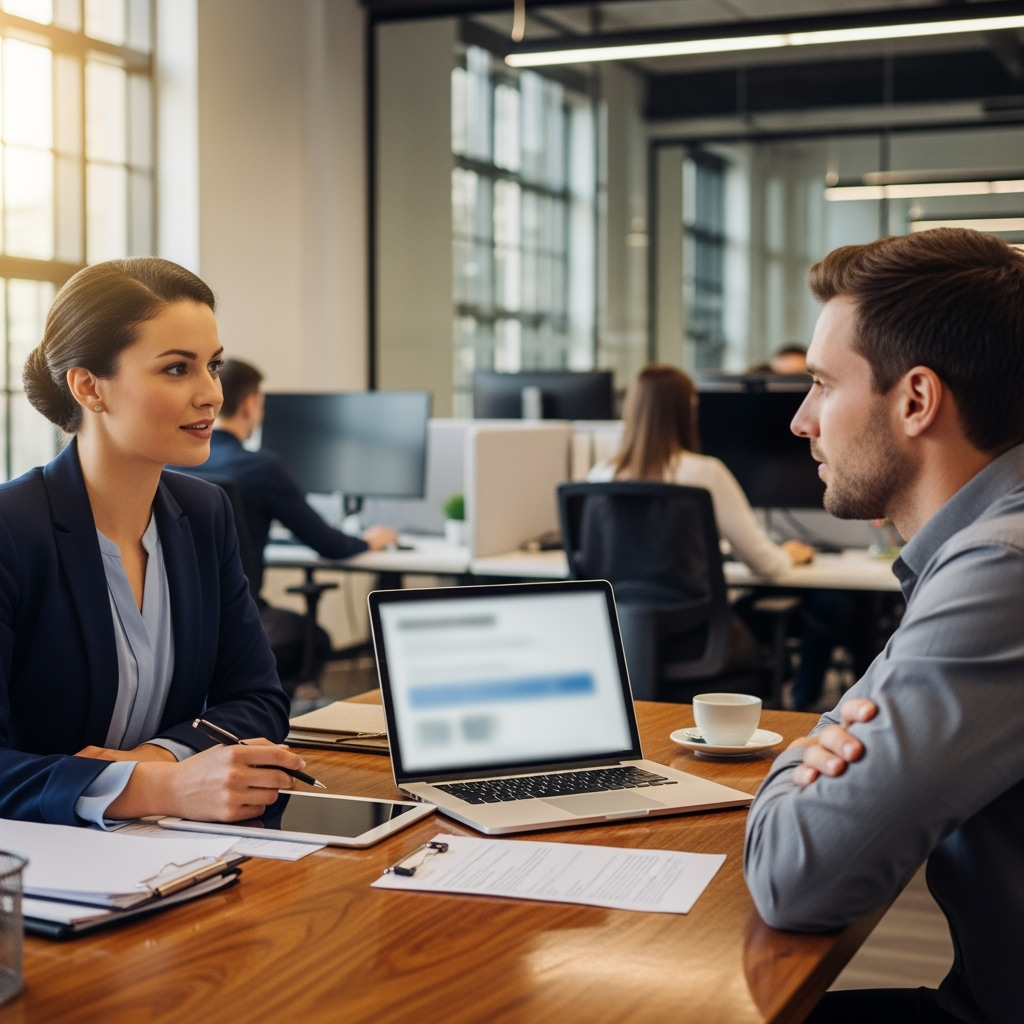 Woman and man in an office, seated at a table. They're looking at each other, and a laptop is open.