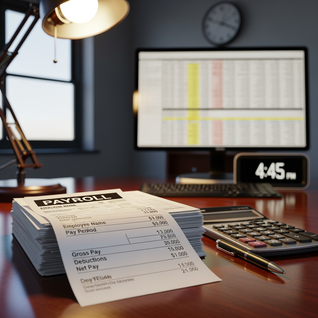 Payroll documents, monitor, calculator, and lamp on a desk. Digital clock shows 4:45 PM.