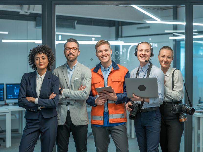 Group of five people in an office smiling at the camera; diverse clothing, including business and safety vests.