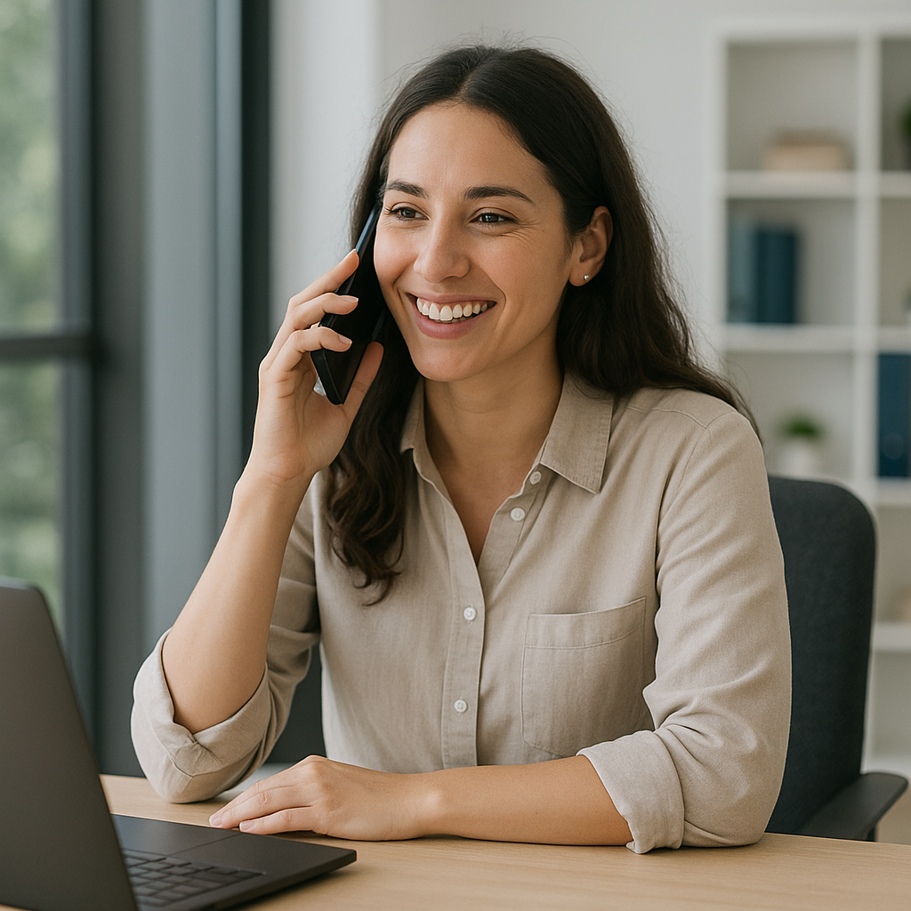 Woman on the phone at a desk, smiling. Laptop and shelves are in the background.