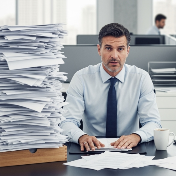 Man at desk with large stack of papers, office setting, stressed expression.