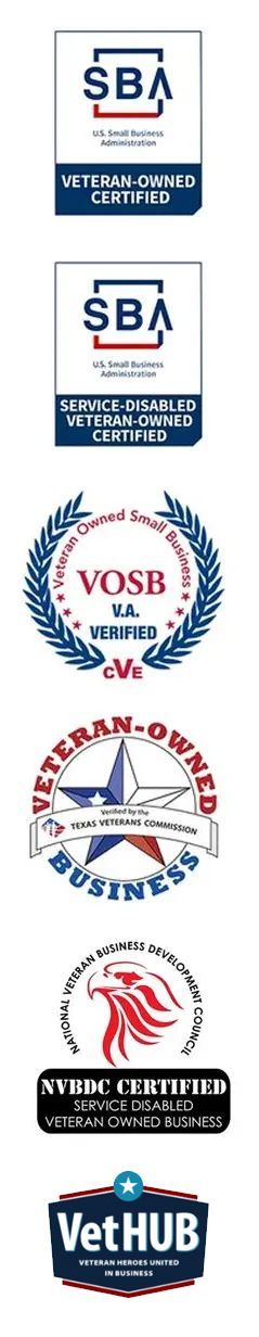 Logos for SBA, VOSB, Veteran-Owned Business, and WBE Certified.