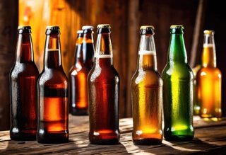 Bottles of beer in various colors on a wooden surface.