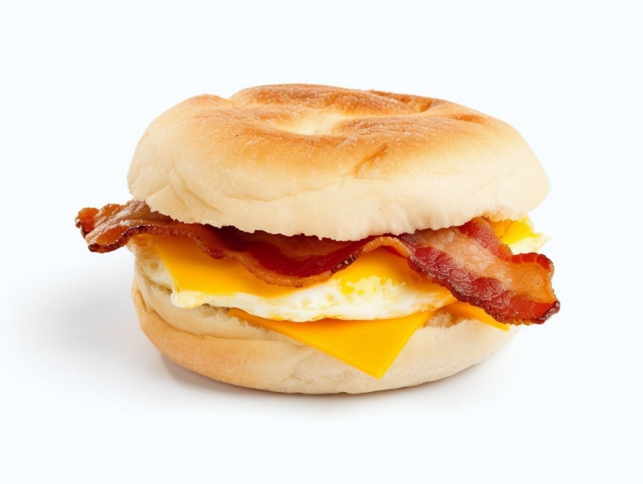 Breakfast sandwich on a white bun: bacon, fried egg, and cheese.