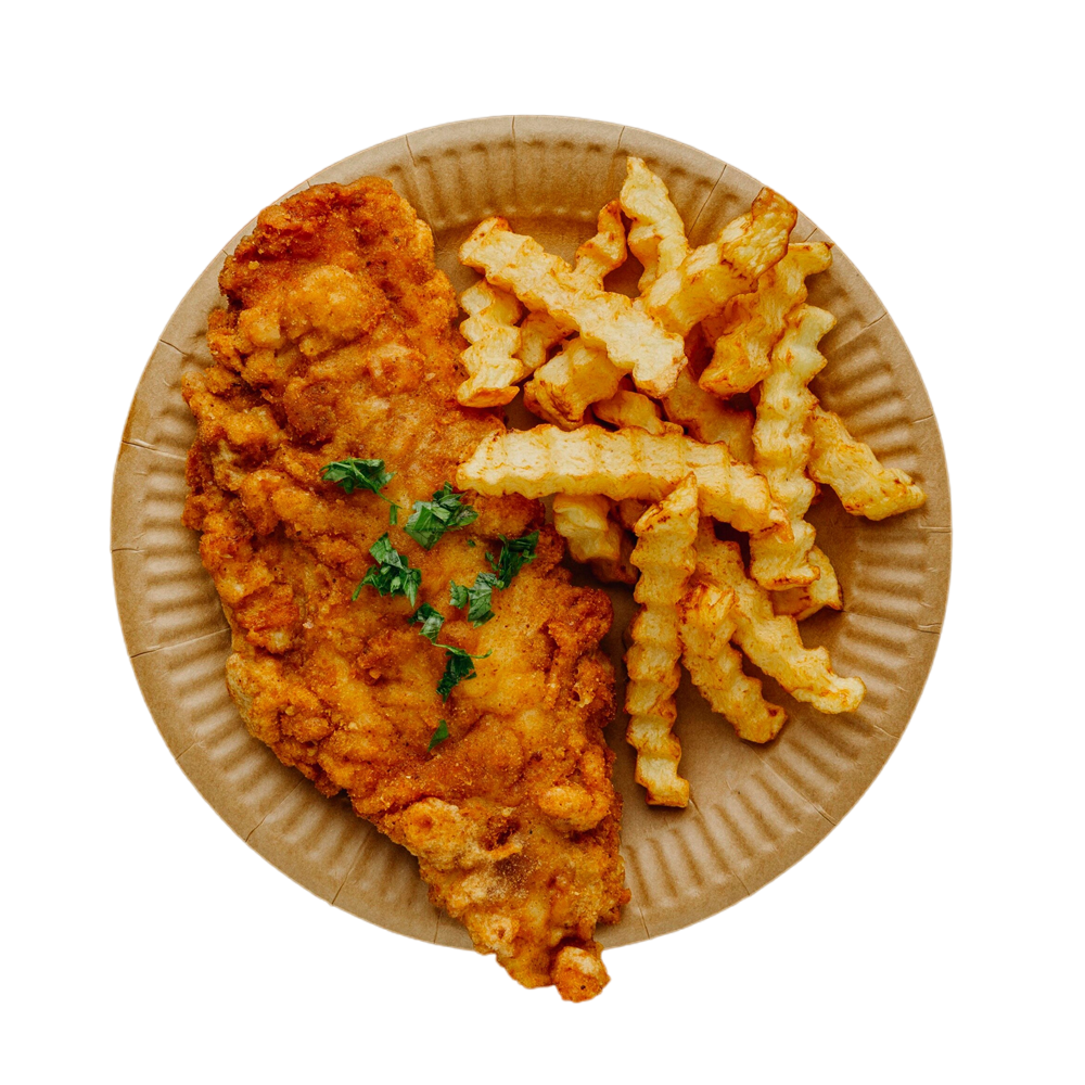 Fried chicken cutlet with crinkle fries on a paper plate.