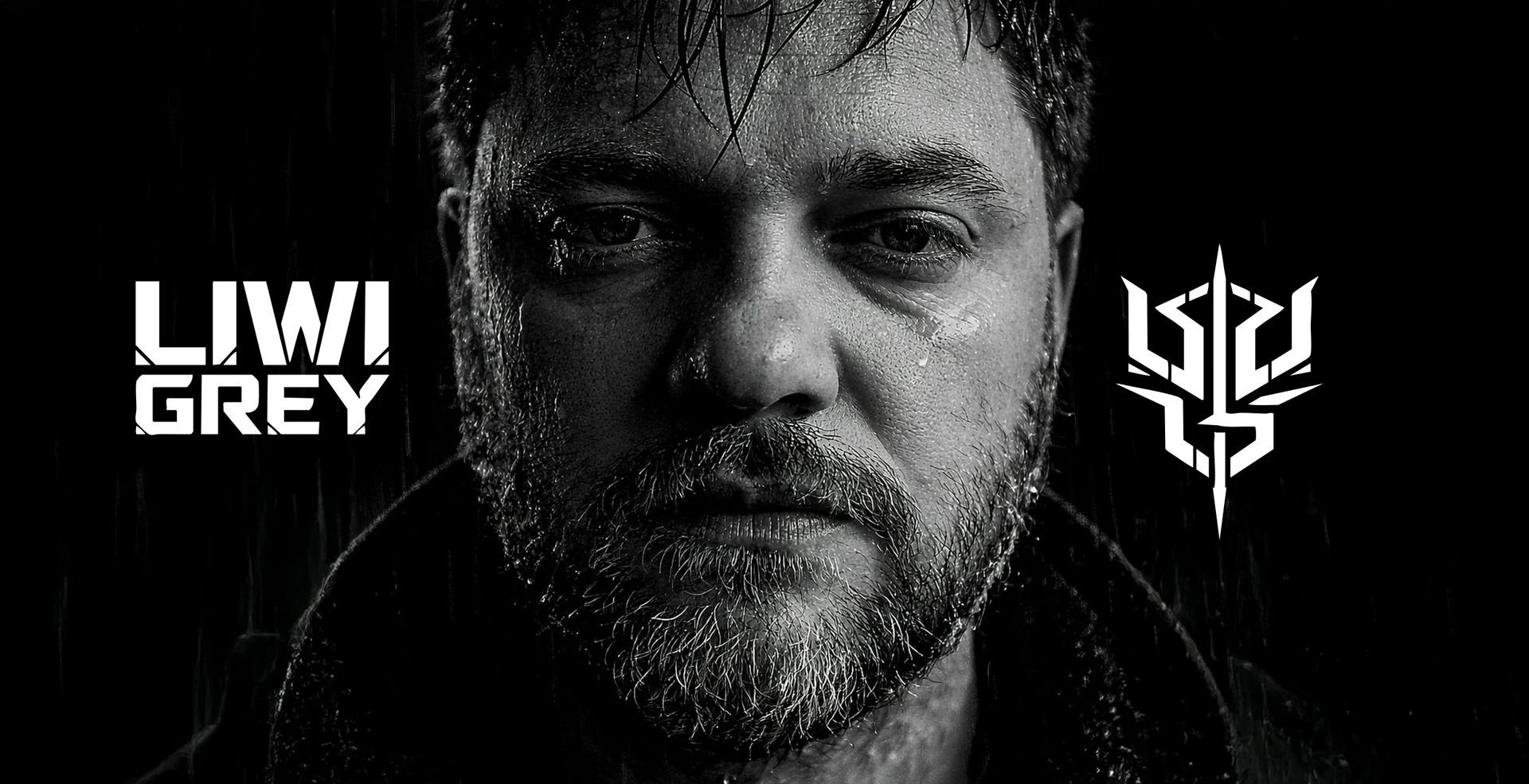 LIWI GREY met een nat gezicht kijkt naar beneden in zwart-wit, met de tekst "LIWI GREY" en een logo aan de rechterkant.