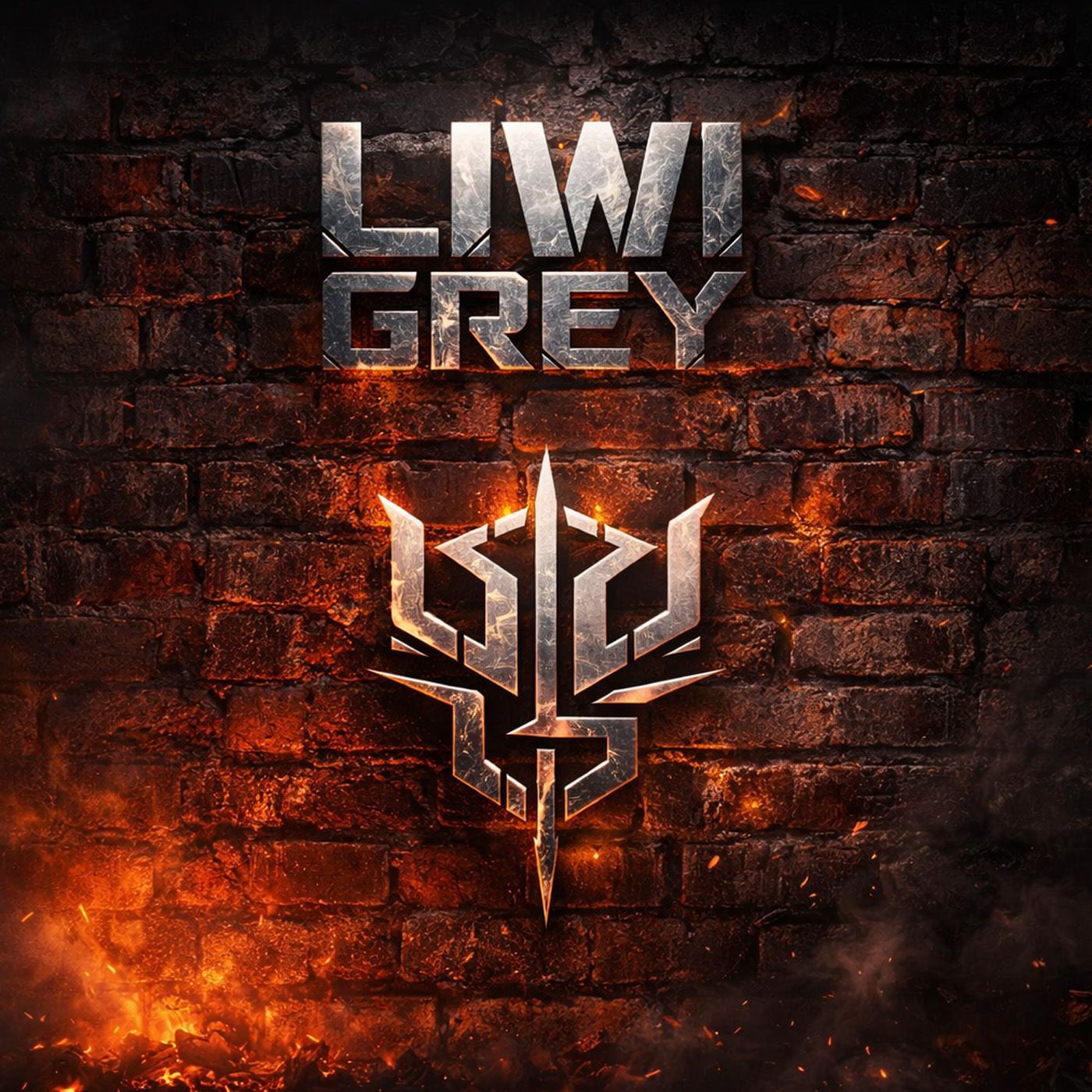 Het "LIWI GREY"-logo op een bakstenen muur, met een gestileerd embleem en een vurige oranje en zwarte achtergrond.