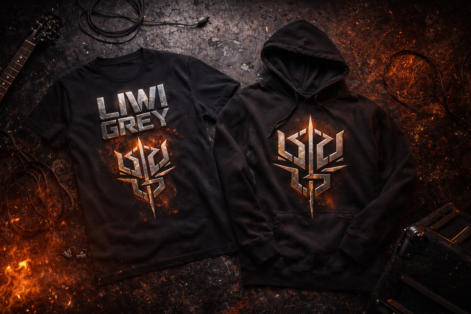 Zwart T-shirt en hoodie met LIWI GREY-logo en vlammenmotief op een grunge-achtergrond met muziekinstrumenten.