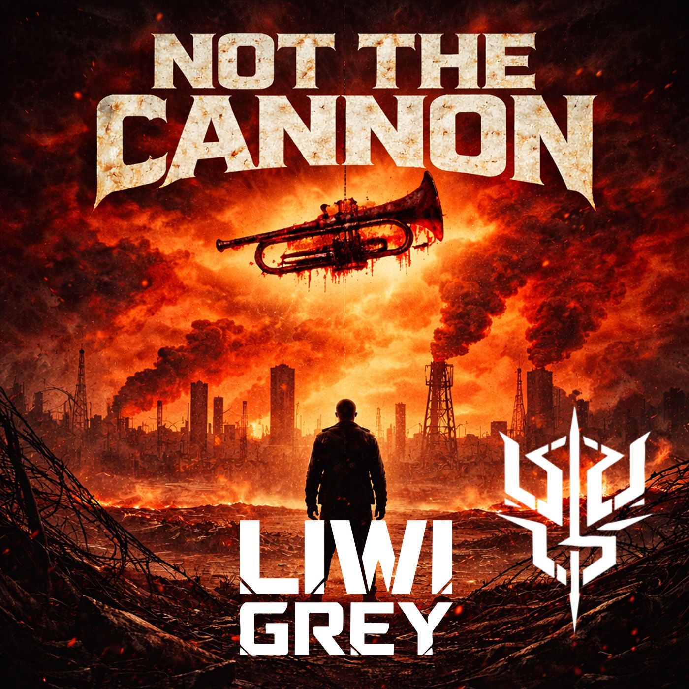 Albumhoes: "Not The Cannon" van Liwi Grey. Silhouet staat voor een vurig stadslandschap; een trompet zweeft erboven.