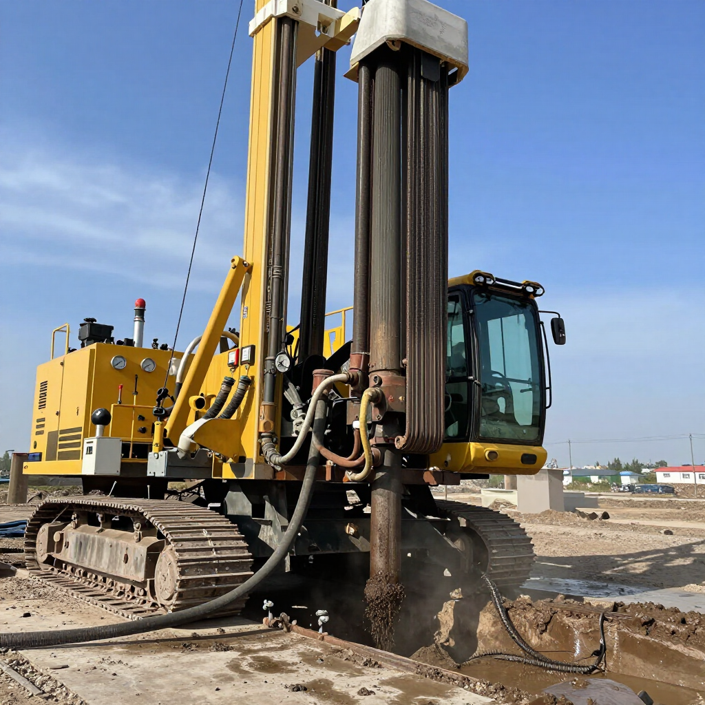 Una perforadora amarilla montada sobre orugas trabaja en una obra de construcción de tierra bajo un cielo azul despejado.