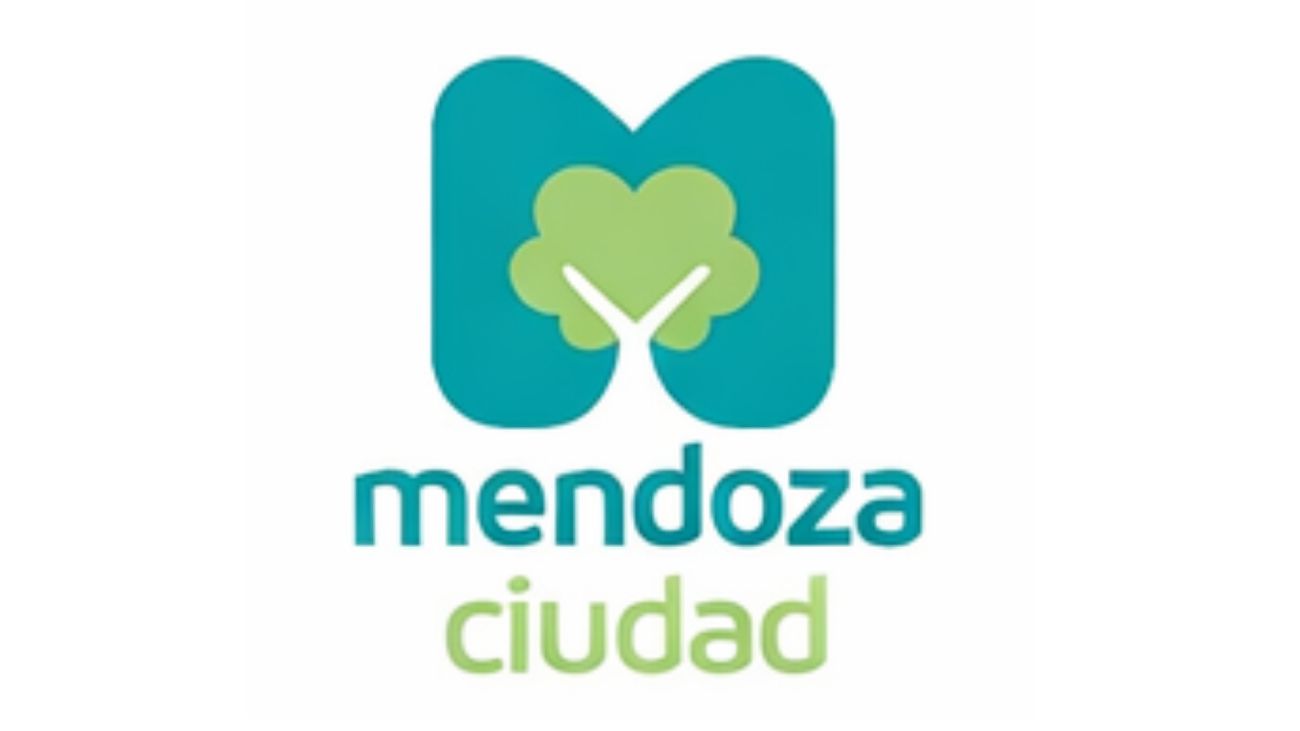 Logotipo de la ciudad de Mendoza, que presenta una letra "M" de color turquesa con forma de árbol con una copa verde claro, sobre el texto "mendoza ciudad".