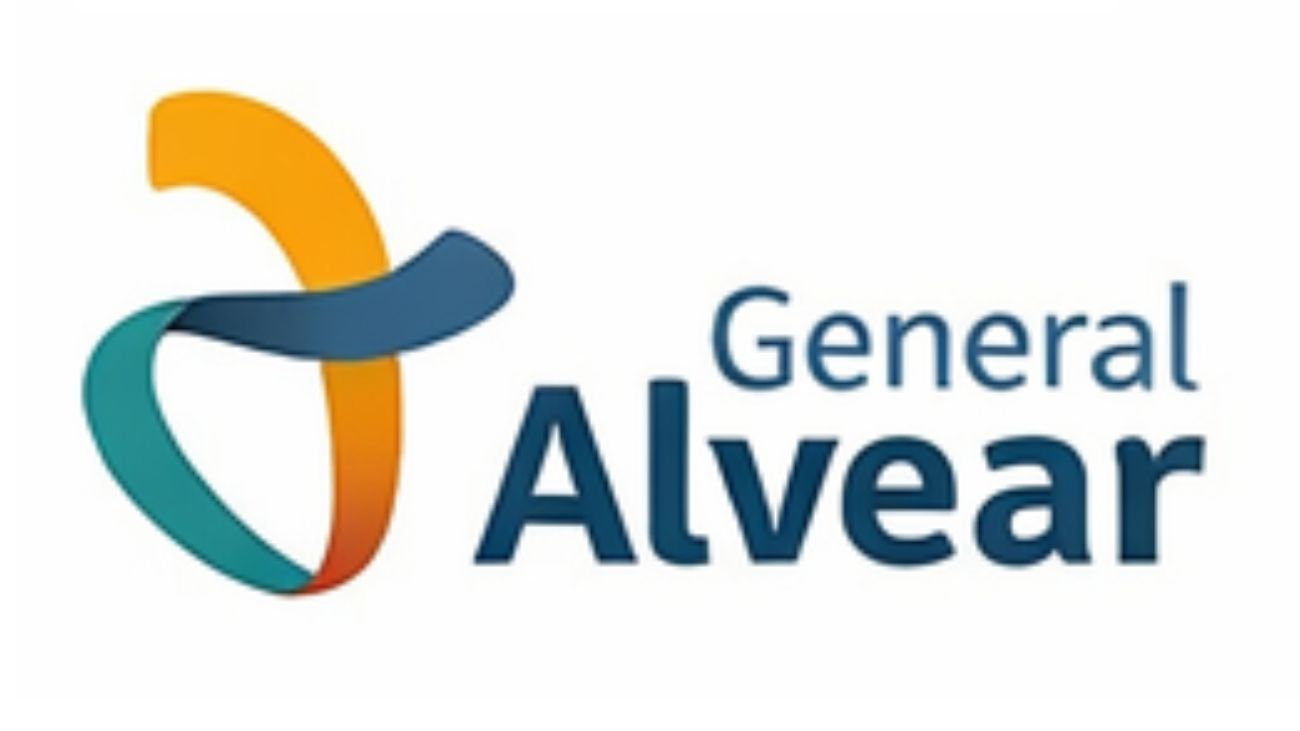Un logotipo para General Alvear que presenta una letra 'a' abstracta, estilizada y colorida junto al texto "General Alvear".