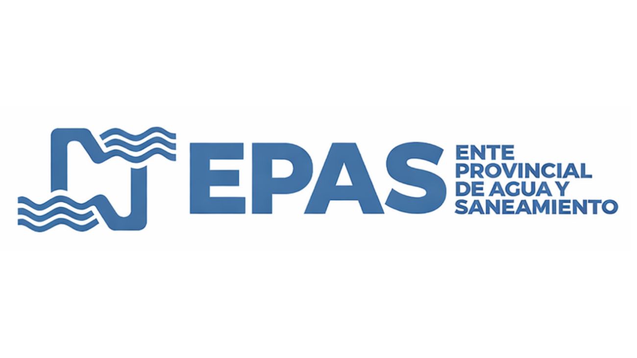 Logotipo azul de EPAS, la Agencia Provincial de Agua y Saneamiento, que muestra un icono abstracto de agua junto a las siglas.