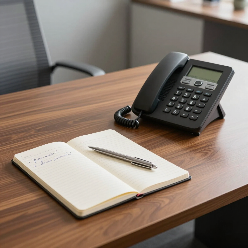 Un teléfono fijo y una libreta con un bolígrafo encima descansan sobre un escritorio de oficina de madera oscura.