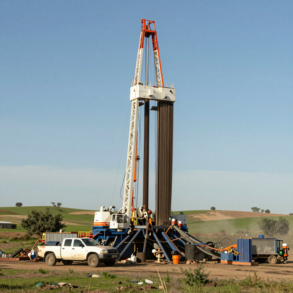 Una alta plataforma petrolífera se alza en un campo, con una camioneta estacionada cerca bajo un cielo azul despejado.