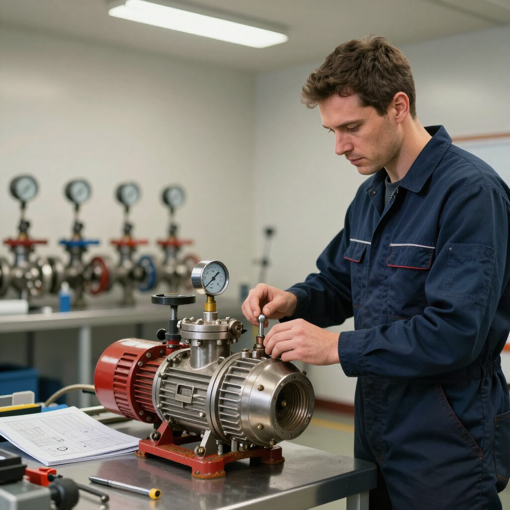 Una persona con un mono azul trabaja en una bomba mecánica sobre un banco de trabajo en un laboratorio, con indicadores al fondo.