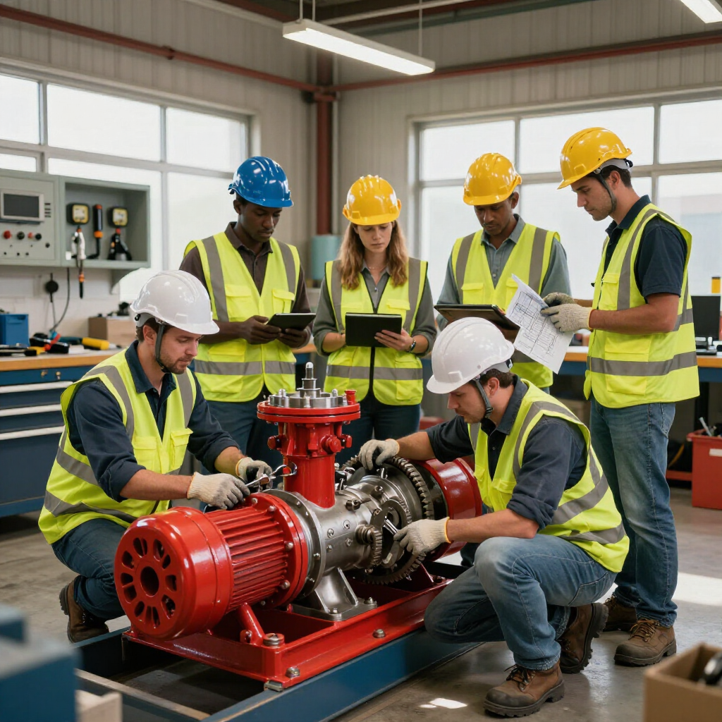 Cinco trabajadores con cascos y chalecos reflectantes examinan una gran bomba industrial roja en un taller.