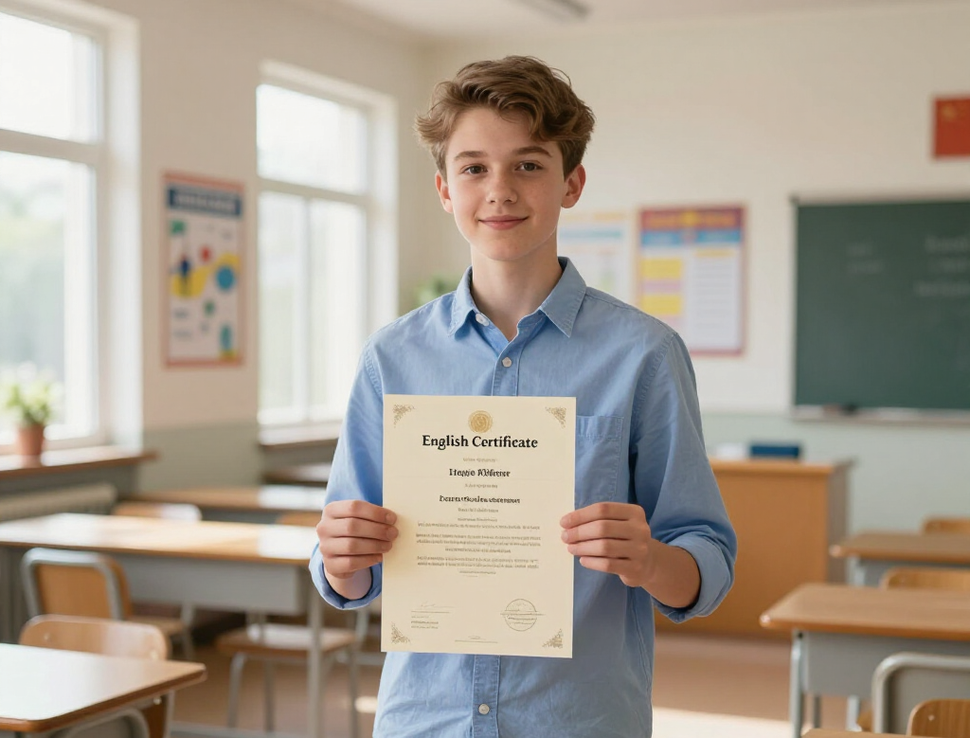 Estudiante en un aula sosteniendo un certificado y sonriendo a la cámara.