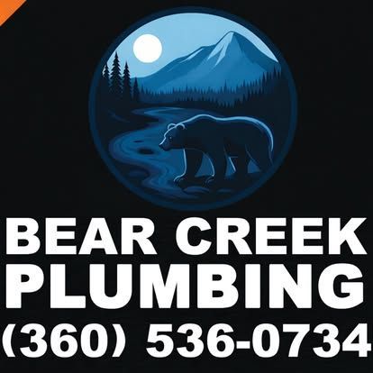 Bear Creek Plumbing logo with bear, river and mountains; phone number (360) 536-0734