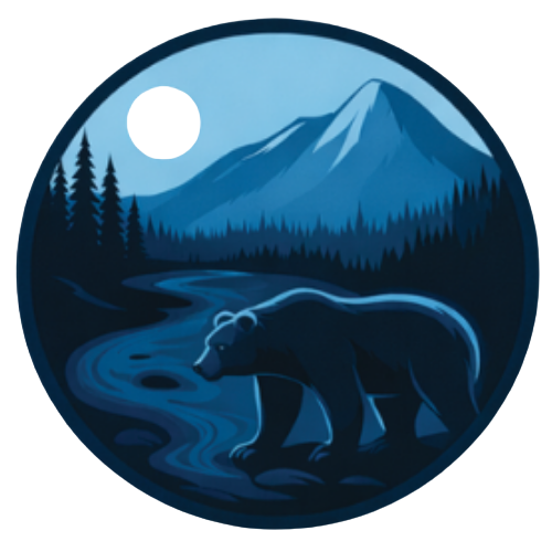 Bear by a moonlit river with pine trees and a snowy mountain in the background