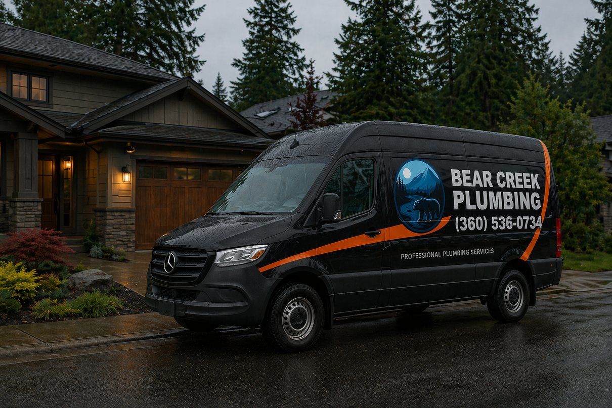 Bear Creek Plumbing ad with water heater, 24/7 service, and contact info on blue and orange background