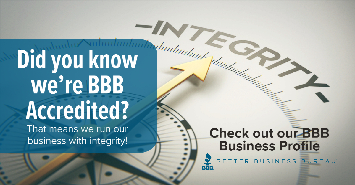 BBB Accredited business promo with integrity-themed clock and compass graphics