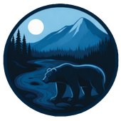 Bear by a moonlit river with mountains and pine trees in a blue circular logo