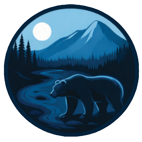 Bear by a moonlit river with mountains and pine trees in a blue circular logo