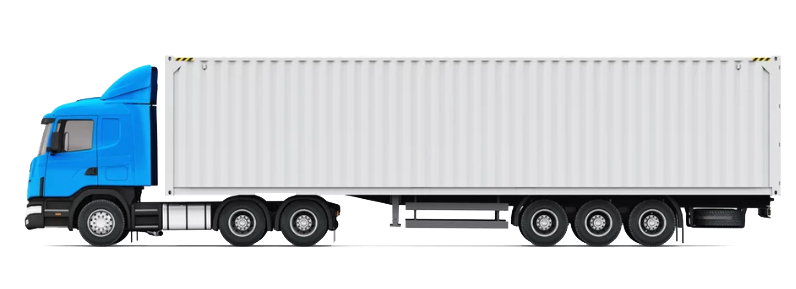 A blue truck with a white trailer on a white background.