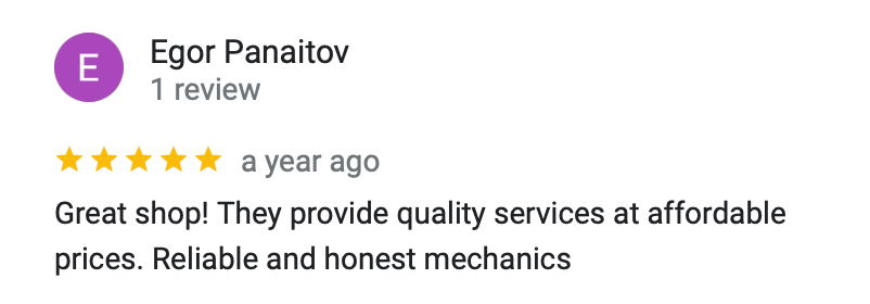A google review for a shop called great shop they provide quality services at affordable prices reliable and honest mechanics