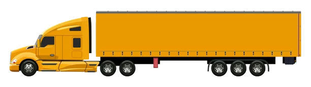 A yellow semi truck with a yellow trailer on a white background.