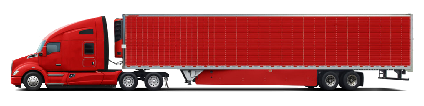A red semi truck with a red trailer on a white background.