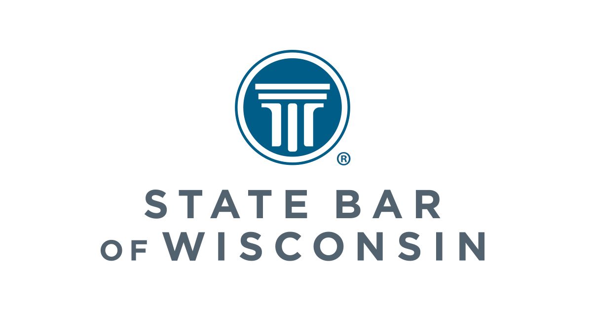The state bar of wisconsin logo is a blue circle with a pillar in the middle.
