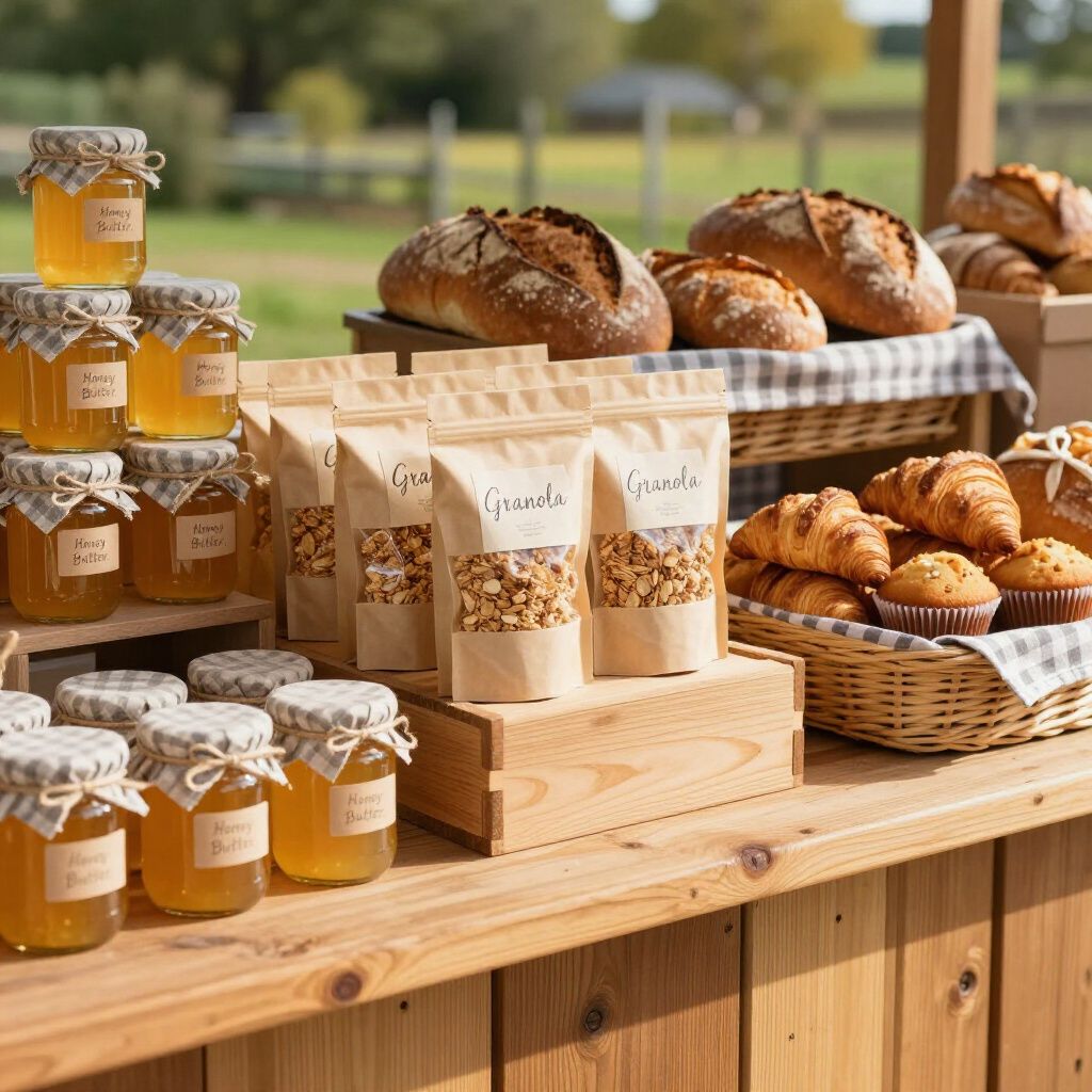 Display of artisanal breads, granola, honey jars, and pastries on a wooden table outdoors.