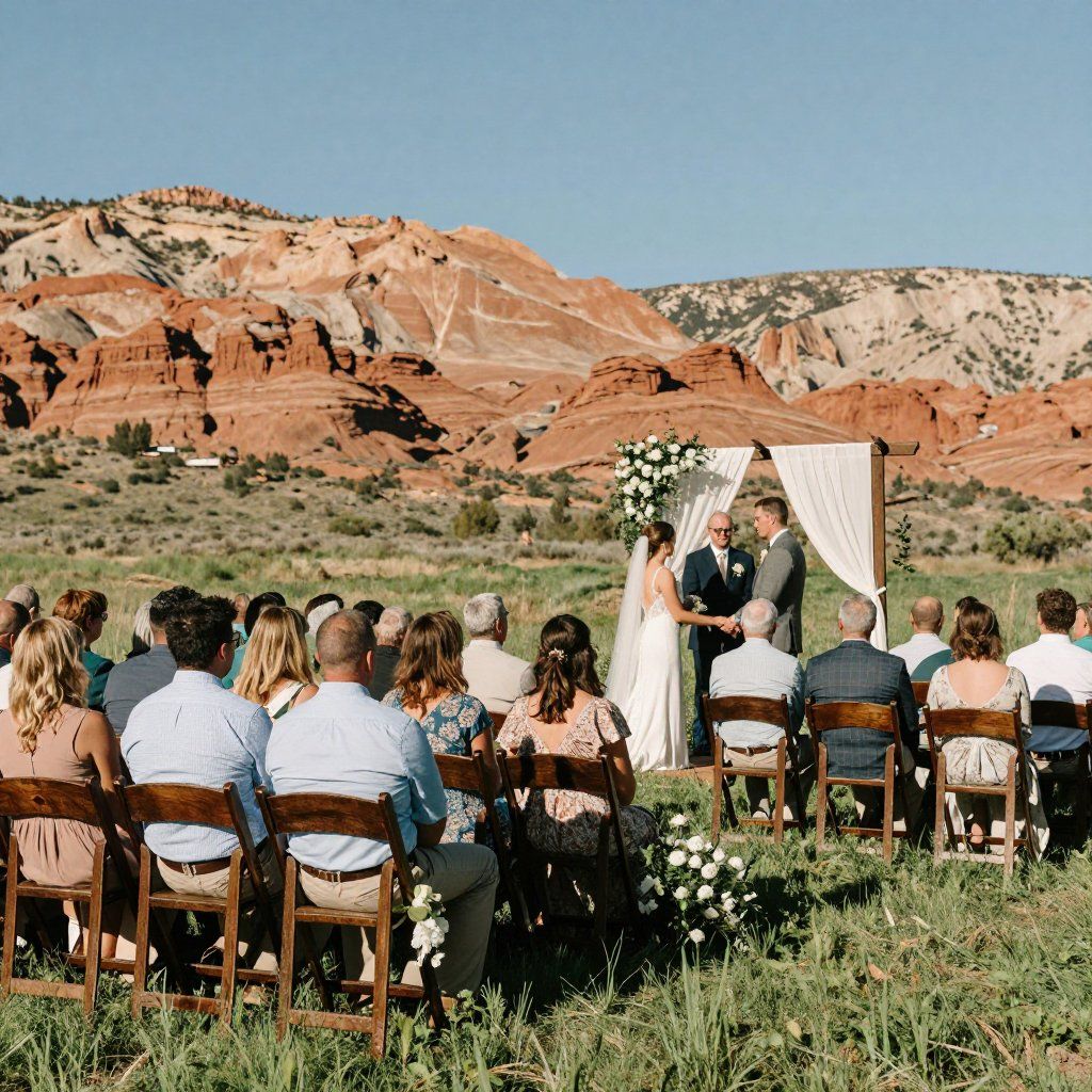 Wedding ceremony outdoors with mountain backdrop and guests seated on chairs.