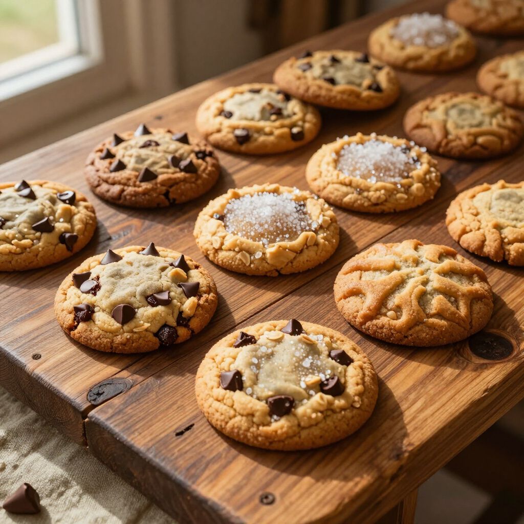 Wooden board with assorted chocolate chip and sugar-topped cookies, near a window.