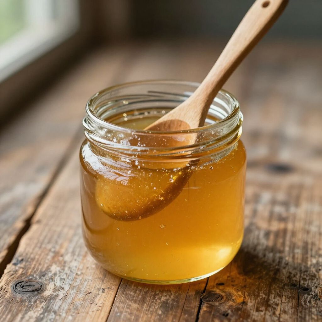 Jar of honey with wooden spoon, on a rustic wooden table.