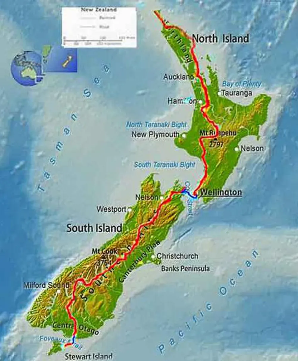 A map of new zealand showing the north island and south island