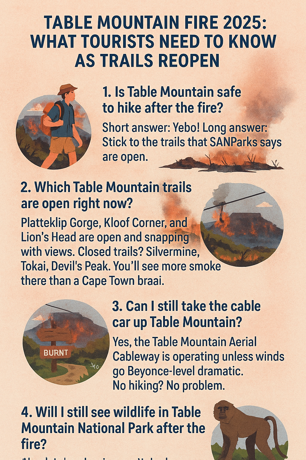 A poster that says `` table mountain fire 2025 : what tourists need to know as trails reopen ''
