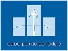 A blue logo for cape paradise lodge with a palm tree and mountains.