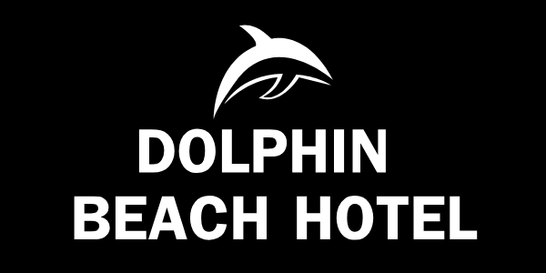 The dolphin beach hotel logo is white on a black background.